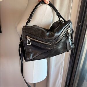 Black Leather Zipper Hobo Bag with studs - Women